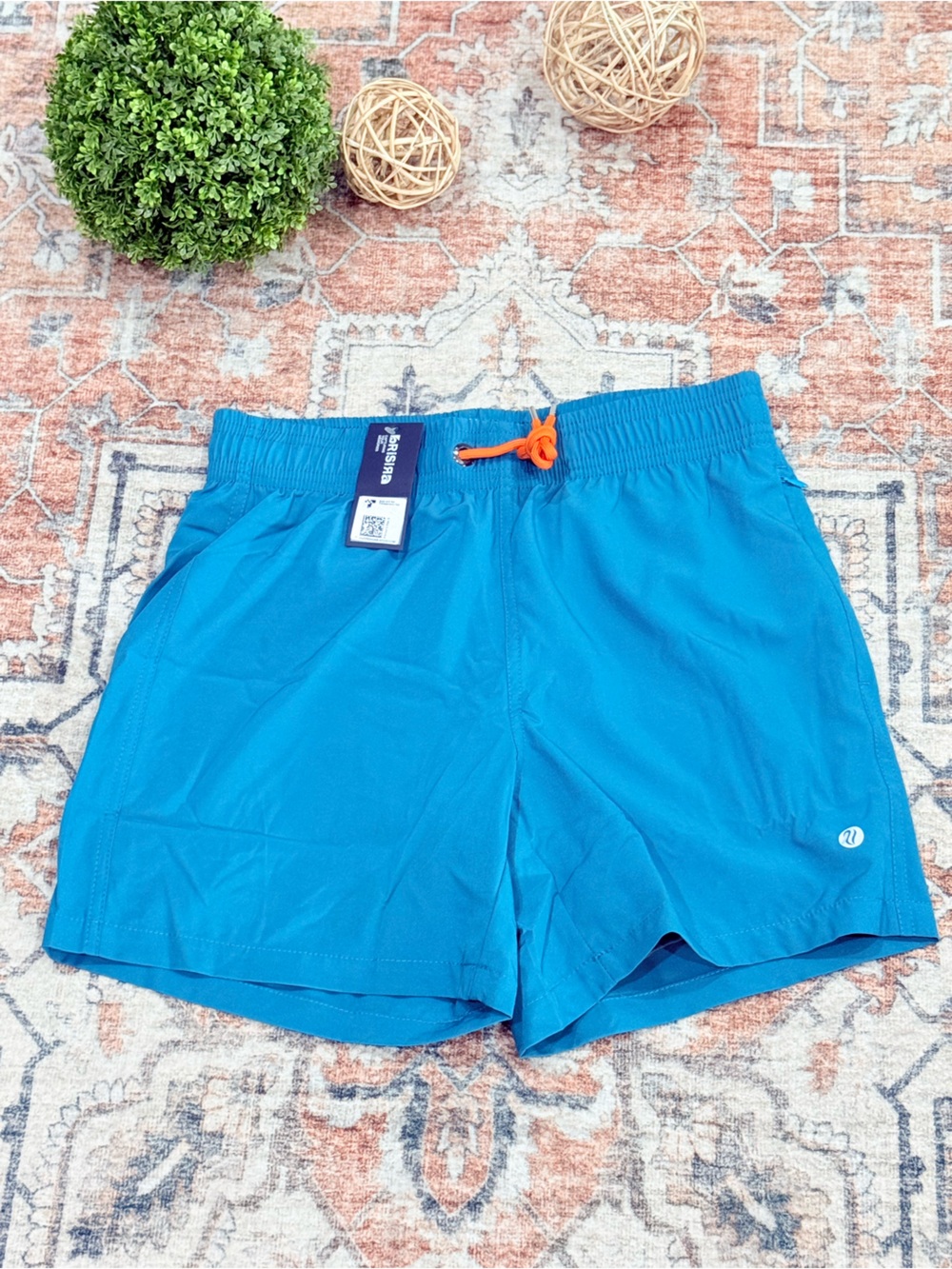 Blue Kids Swim Shorts with Orange Drawstring